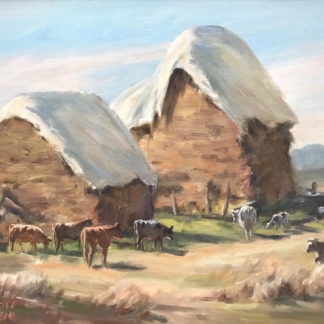 “Hay Stacks and Cows” By Ambrose Sylvester Griffin (Australian 1912-1980)