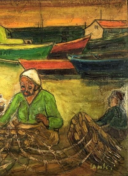 Repairing Nets Oil on Board Painting Isaac Amitai Israel 1907-1984 6