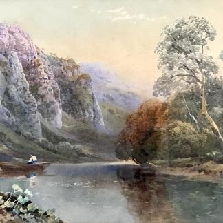 19th Century River Side Landscape Row Boat Watercolour Painting