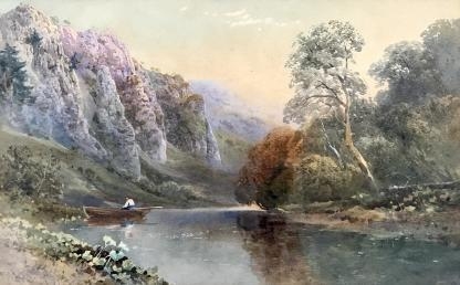 19th Century River Side Landscape Row Boat Watercolour Painting