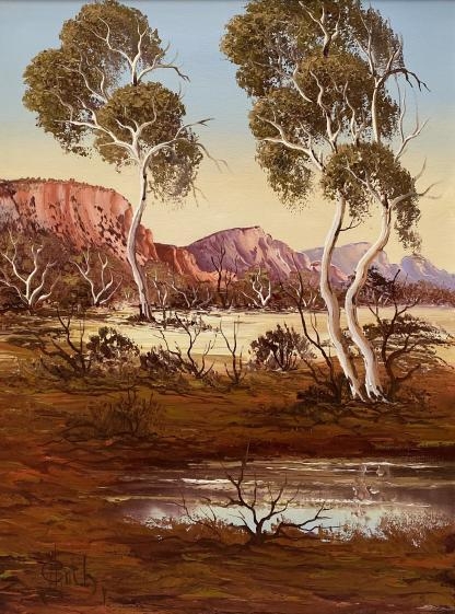 “Red Cliffs With Billabong” Untitled Oil Painting By Henk Guth