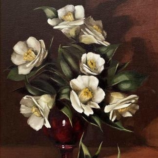 Val Walton Camelia's in Red Vase Oil on Board Painting 1