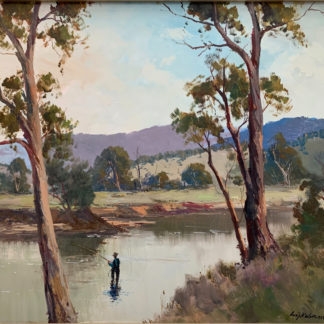“fishing Scene” (untitled) Original Artwork Oil On Board Painting Signed Lower Right By Wykeham Perry (australian 1936 )1