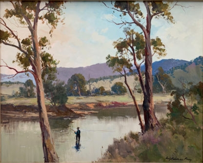 “fishing Scene” (untitled) Original Artwork Oil On Board Painting Signed Lower Right By Wykeham Perry (australian 1936 )1