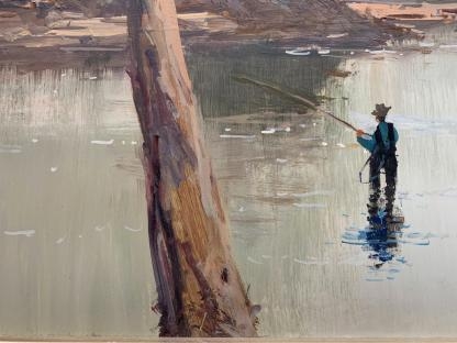 “fishing Scene” (untitled) Original Artwork Oil On Board Painting Signed Lower Right By Wykeham Perry (australian 1936 )10