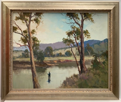 “fishing Scene” (untitled) Original Artwork Oil On Board Painting Signed Lower Right By Wykeham Perry (australian 1936 )3