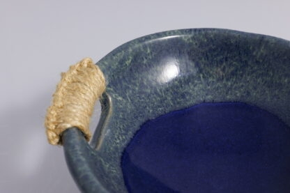 Handmade Twin Sisal Handled Footed Pottery Bowl W: Midnight Bush Blue Glaze - 6