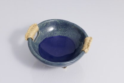 Handmade Twin Sisal Handled Footed Pottery Bowl W: Midnight Bush Blue Glaze - 3