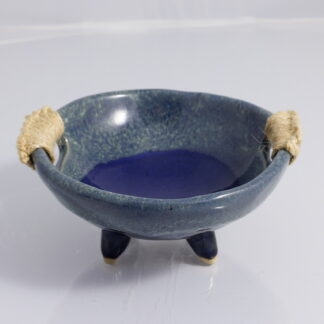 Handmade Twin Sisal Handled Footed Pottery Bowl W: Midnight Bush Blue Glaze - 1