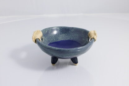 Handmade Twin Sisal Handled Footed Pottery Bowl W: Midnight Bush Blue Glaze - 2