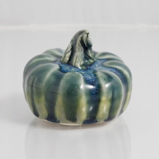 Hand Made Hand Built Halloween Style Pumpkin Glazed In Our Rutile Green Base With Floating Blue Cover 1