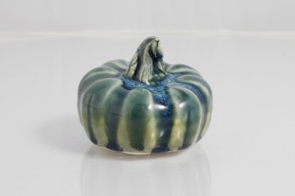 Hand Made Hand Built Halloween Style Pumpkin Glazed In Our Rutile Green Base With Floating Blue Cover 1