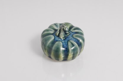 Hand Made Hand Built Halloween Style Pumpkin Glazed In Our Rutile Green Base With Floating Blue Cover 4