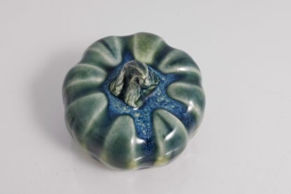 Hand Made Hand Built Halloween Style Pumpkin Glazed In Our Rutile Green Base With Floating Blue Cover 5