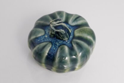 Hand Made Hand Built Halloween Style Pumpkin Glazed In Our Rutile Green Base With Floating Blue Cover 6