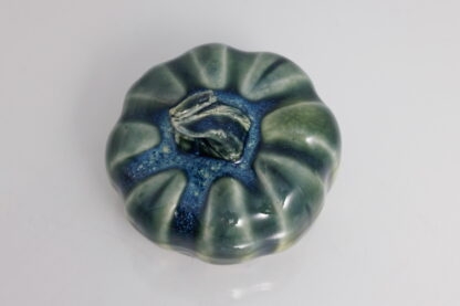 Hand Made Hand Built Halloween Style Pumpkin Glazed In Our Rutile Green Base With Floating Blue Cover 7