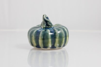 Hand Made Hand Built Halloween Style Pumpkin Glazed In Our Rutile Green Base With Floating Blue Cover 8