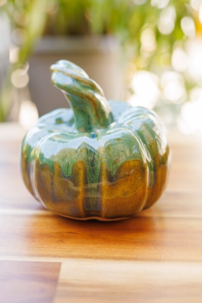 Hand Made Hand Built Mini Pumpkin Decorated In Our Floating Orange With Green Cover Glaze Glaze Type 2 3