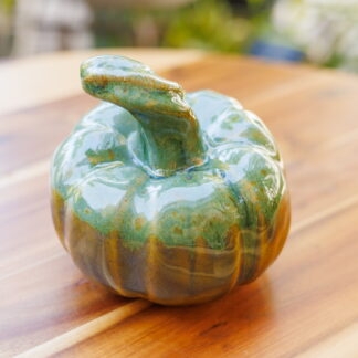 Hand Made Hand Built Mini Pumpkin Decorated In Our Floating Orange With Green Cover Glaze Glaze Type 2