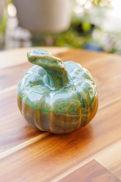 Hand Made Hand Built Mini Pumpkin Decorated In Our Floating Orange With Green Cover Glaze Glaze Type 2