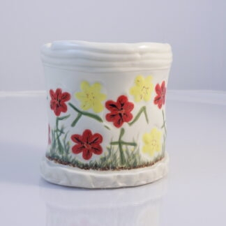 Hand Made Hand Built Pottery Flower Vase Decorated With Hand Painted Pansies On White Clay 1