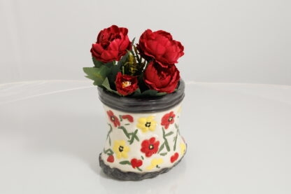 Hand Made Hand Built Pottery Flower Vase Decorated With Hand Painted Pansies On White Clay With Black Clay Top & Base 2
