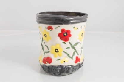 Hand Made Hand Built Pottery Flower Vase Decorated With Hand Painted Pansies On White Clay With Black Clay Top & Base 3