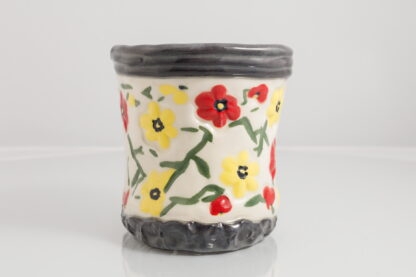 Hand Made Hand Built Pottery Flower Vase Decorated With Hand Painted Pansies On White Clay With Black Clay Top & Base 4