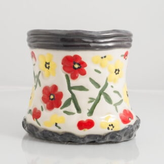 Hand Made Hand Built Pottery Flower Vase Decorated With Hand Painted Pansies On White Clay With Black Clay Top & Base 5