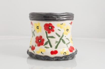 Hand Made Hand Built Pottery Flower Vase Decorated With Hand Painted Pansies On White Clay With Black Clay Top & Base 5