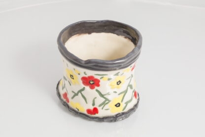 Hand Made Hand Built Pottery Flower Vase Decorated With Hand Painted Pansies On White Clay With Black Clay Top & Base 6