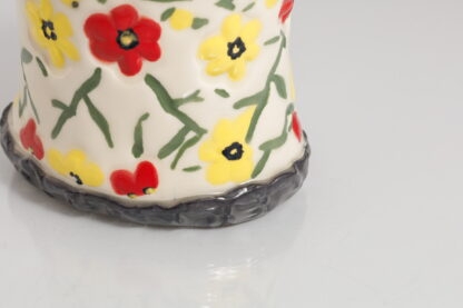 Hand Made Hand Built Pottery Flower Vase Decorated With Hand Painted Pansies On White Clay With Black Clay Top & Base 7