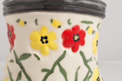Hand Made Hand Built Pottery Flower Vase Decorated With Hand Painted Pansies On White Clay With Black Clay Top & Base 9