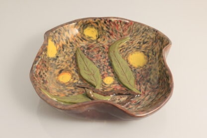 Hand Made Pottery Bowl Decorated With Gum Nuts, Gum Leaves & Hand Painted Starry Night Inspired Underglaze 3