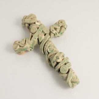Hand Made Pottery Cross Decorated Scroll Relief & Love Hearts Glazed With Our Transparent Green Glaze 1