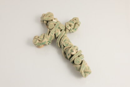 Hand Made Pottery Cross Decorated Scroll Relief & Love Hearts Glazed With Our Transparent Green Glaze 1