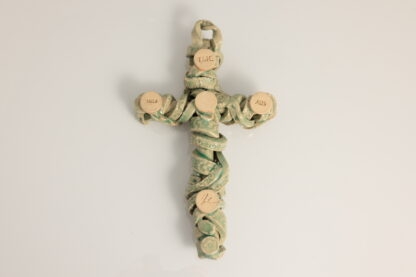 Hand Made Pottery Cross Decorated Scroll Relief & Love Hearts Glazed With Our Transparent Green Glaze 10