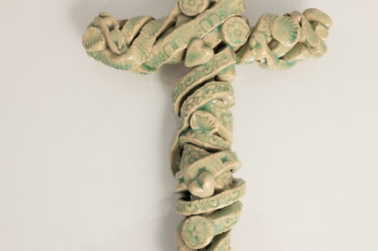 Hand Made Pottery Cross Decorated Scroll Relief & Love Hearts Glazed With Our Transparent Green Glaze 3