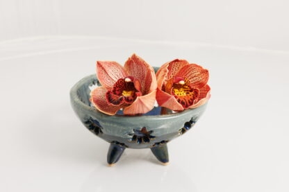 Handmade Orchid Planter Decorated In Carved Star Pattern Glazed With Our Midnight Forest Glaze 12