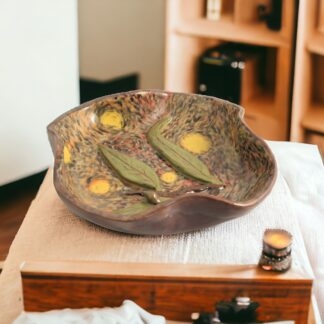 Hand Made Pottery Bowl Decorated With Gum Nuts, Gum Leaves & Hand Painted "Starry Night" Inspired Underglaze