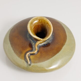 Hand Made Slab Built Art Vase Decorated In Our Green Rutile Base With Floating Orange Cover On Buff Clay 1