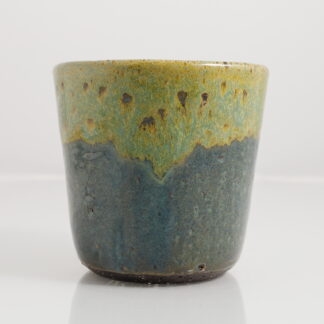 Hand Made Wheel Thrown Art Vase Decorated In Our Our Blue and Green Cover Glazes On Black Grogged Clay