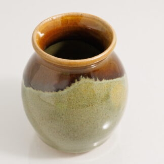 Small Hand Made Wheel Thrown Vase Decorated In Our Rutile Green Base And Floating Orange Cover Glaze 1