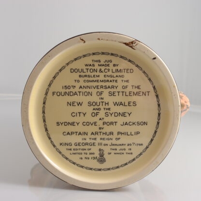 Commemorative Jug 150th Anniversary Of The Foundation Of Settlement In New South Wales And The City Of Sydney At Sydney Cove, Port Jackson By Captain Arthur Phillip In The Reign Of King George III On January 26th 1788 Limited Edition To 350 Of Which This Jug Is No135 By Charles Noke & Harry Fenton 7
