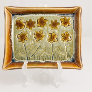 Hand Made Hand Built Large Pottery Rectangle Plate Decorated With Pansies With Our Floating Orange and Green Variegated Glaze 1
