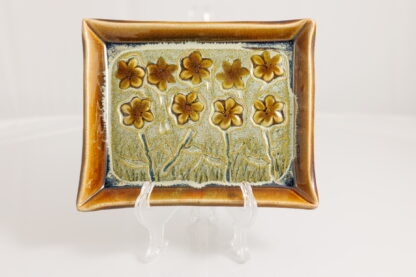 Hand Made Hand Built Large Pottery Rectangle Plate Decorated With Pansies With Our Floating Orange and Green Variegated Glaze 1