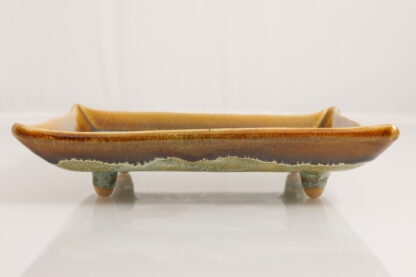 Hand Made Hand Built Large Pottery Rectangle Plate Decorated With Pansies With Our Floating Orange and Green Variegated Glaze 12
