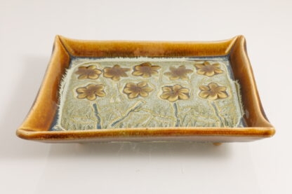 Hand Made Hand Built Large Pottery Rectangle Plate Decorated With Pansies With Our Floating Orange and Green Variegated Glaze 2
