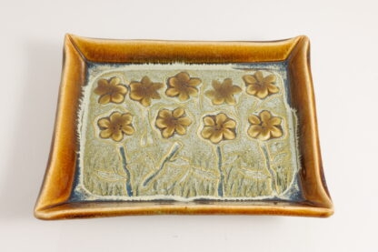 Hand Made Hand Built Large Pottery Rectangle Plate Decorated With Pansies With Our Floating Orange and Green Variegated Glaze 3