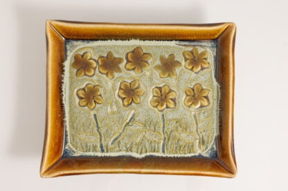 Hand Made Hand Built Large Pottery Rectangle Plate Decorated With Pansies With Our Floating Orange and Green Variegated Glaze 4